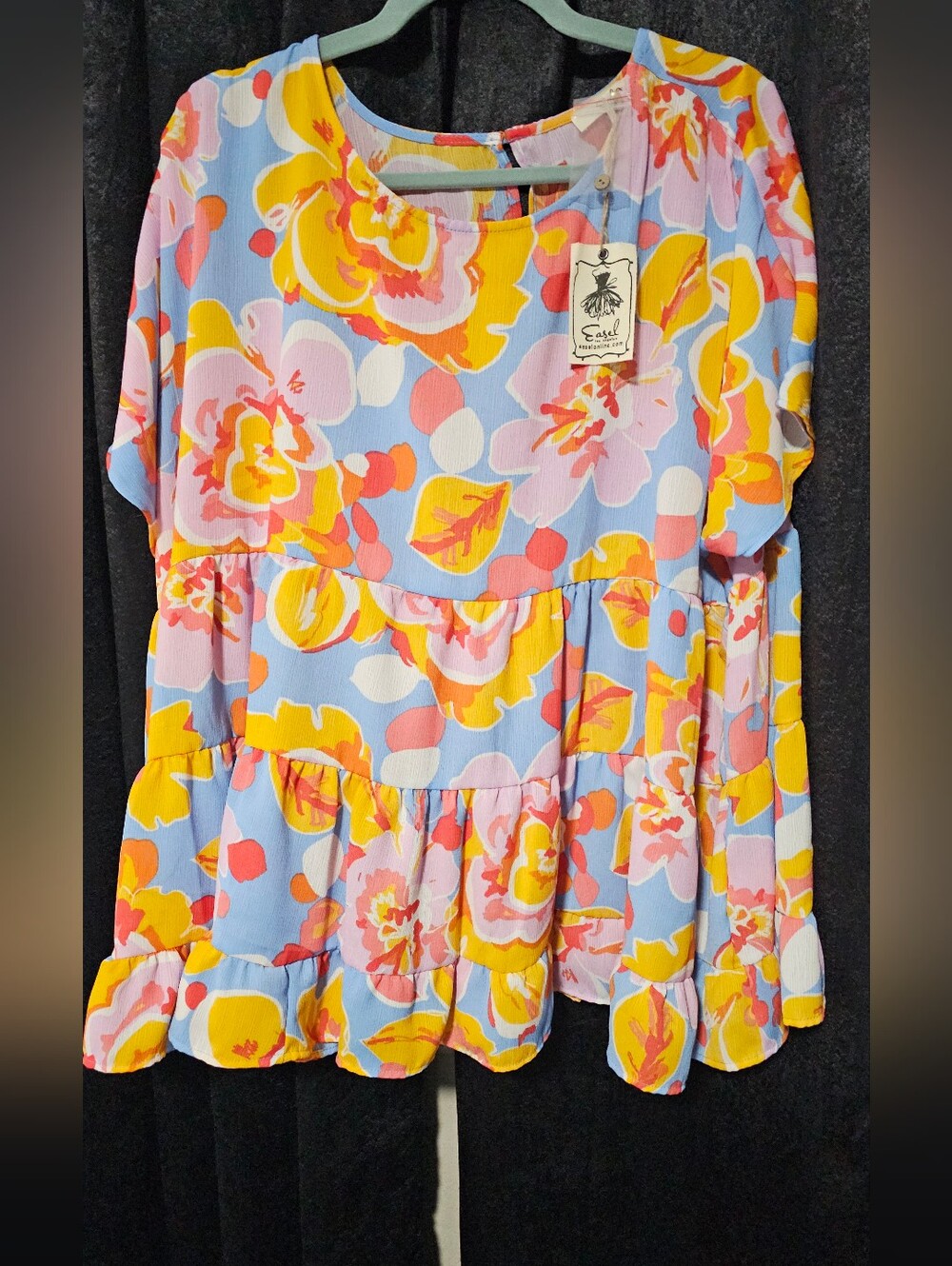 Easel Pastel Blue Floral Tiered Tunic with Yellow & Pink Accents